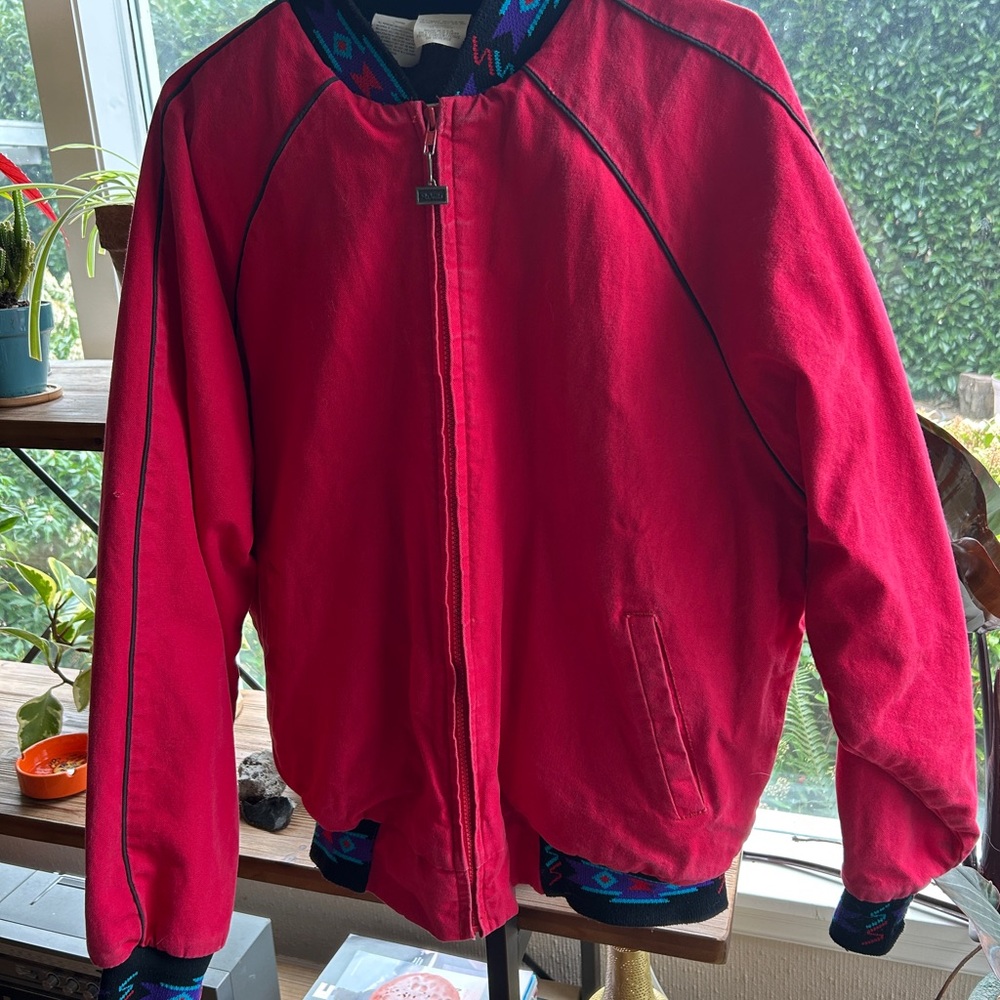 Men’s Red Zip-Up Jacket with Patterned Trim